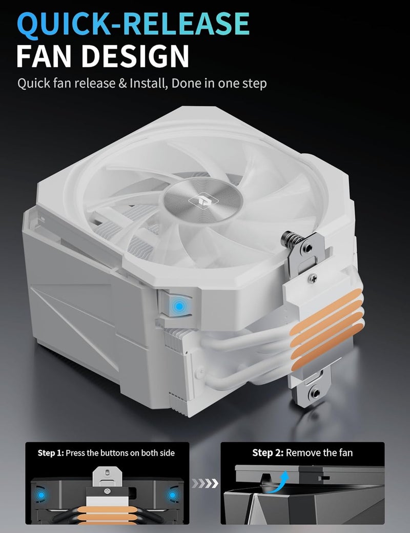 upHere up1 Elite CPU Cooler - 4 Heat Pipes,Infinity ARGB Mirror Top,Quick-Release Fans, Intel LGA1851/1700 & AMD AM5/AM4 Support,Independent Air Duct,1650RPM 68CFM Fan, White,up1 Elite TC4C - Image 5
